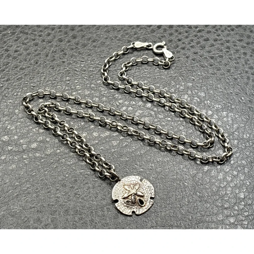 Vintage Sterling Silver Sand Dollar Pendant Rolo Chain Necklace Beach Sea Boho